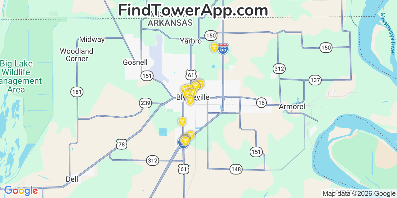 Map showing the 20 primary cell tower locations detected in Blytheville, Arkansas from AT&T, Verizon, and T-Mobile networks