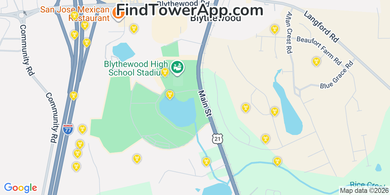 Map showing the 20 primary cell tower locations detected in Blythewood, South Carolina from AT&T, Verizon, and T-Mobile networks