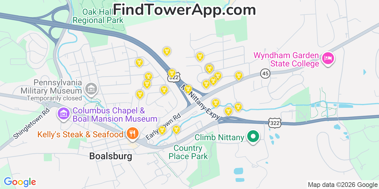 Map showing the 20 primary cell tower locations detected in Boalsburg, Pennsylvania from AT&T, Verizon, and T-Mobile networks