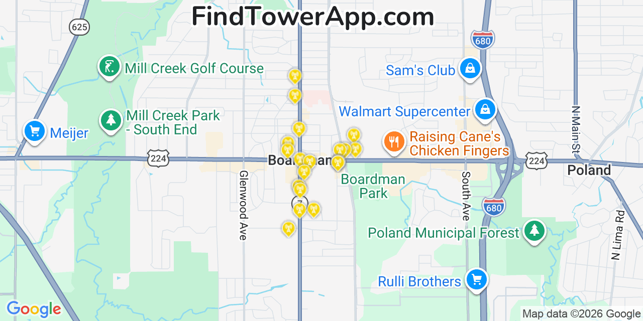 Map showing the 20 primary cell tower locations detected in Boardman, Ohio from AT&T, Verizon, and T-Mobile networks