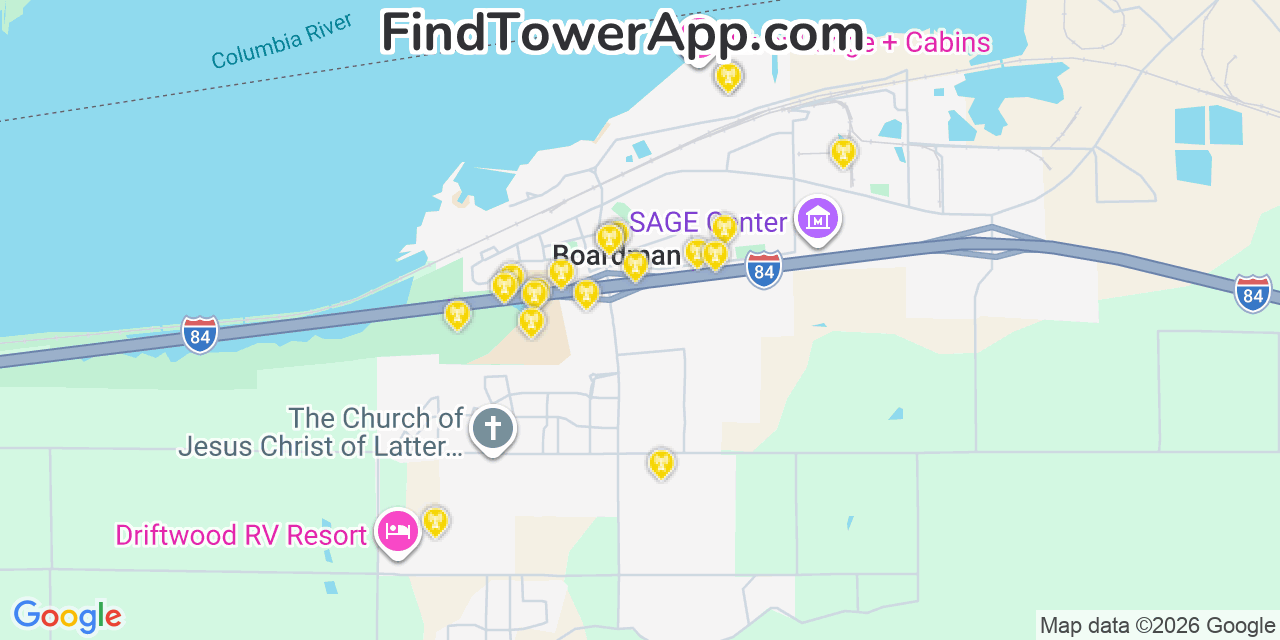Map showing the 20 primary cell tower locations detected in Boardman, Oregon from AT&T, Verizon, and T-Mobile networks