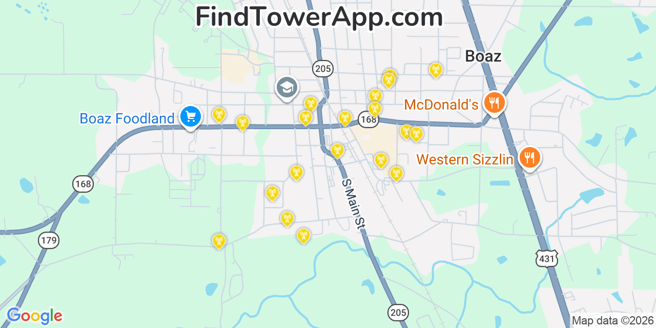 Map showing the 20 primary cell tower locations detected in Boaz, Alabama from AT&T, Verizon, and T-Mobile networks