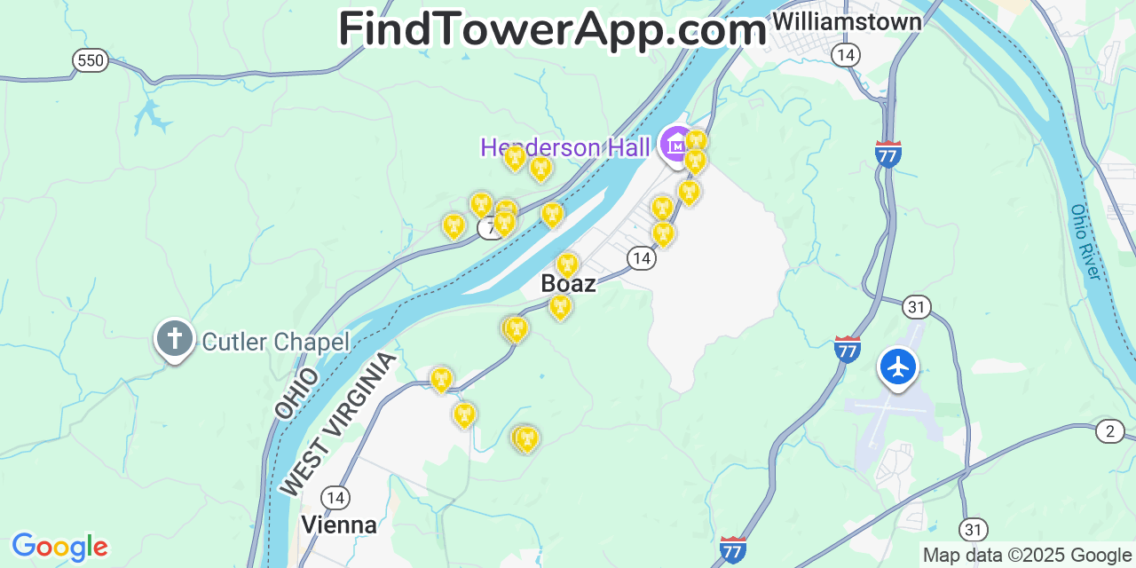 Map showing the 20 primary cell tower locations detected in Boaz, West Virginia from AT&T, Verizon, and T-Mobile networks