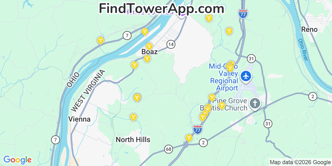 Map showing the 20 primary cell tower locations detected in Boaz, West Virginia from AT&T, Verizon, and T-Mobile networks