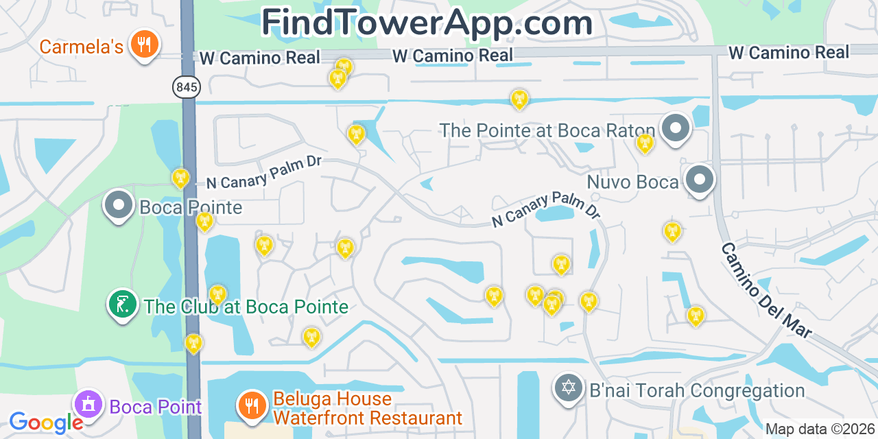 Map showing the 20 primary cell tower locations detected in Boca Del Mar, Florida from AT&T, Verizon, and T-Mobile networks