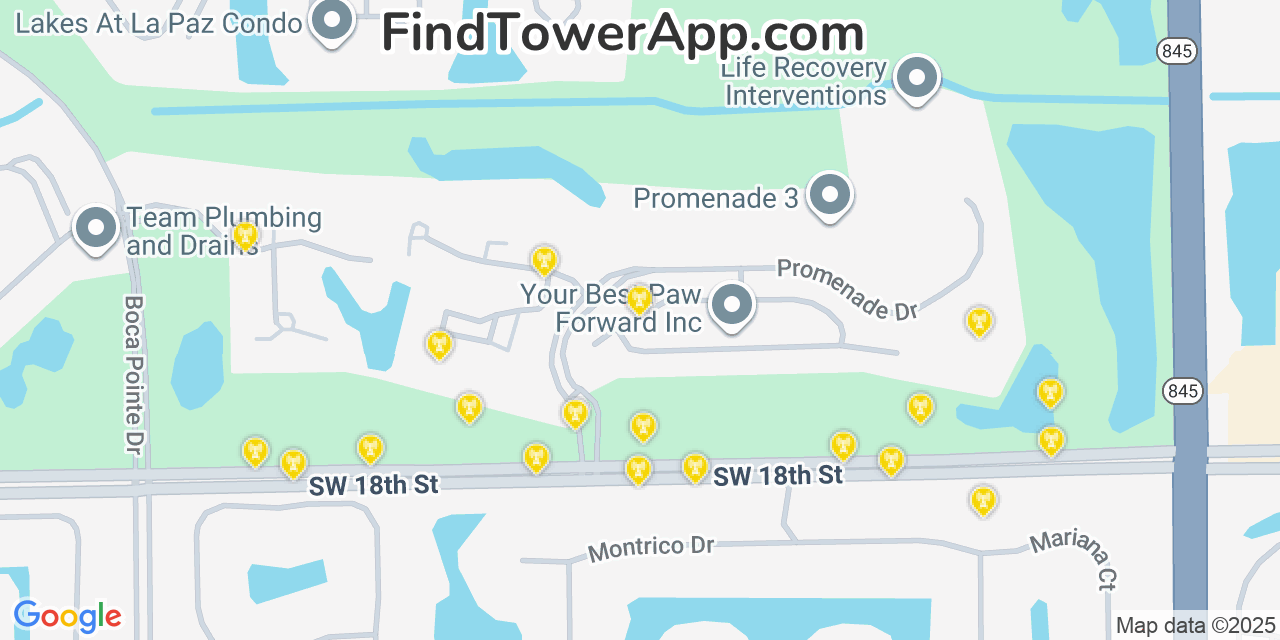 Map showing the 20 primary cell tower locations detected in Boca Pointe, Florida from AT&T, Verizon, and T-Mobile networks