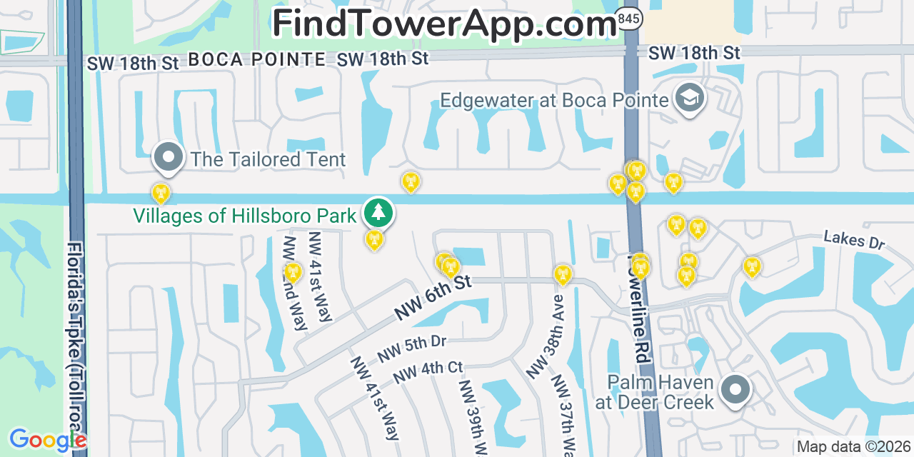 Map showing the 20 primary cell tower locations detected in Boca Pointe, Florida from AT&T, Verizon, and T-Mobile networks