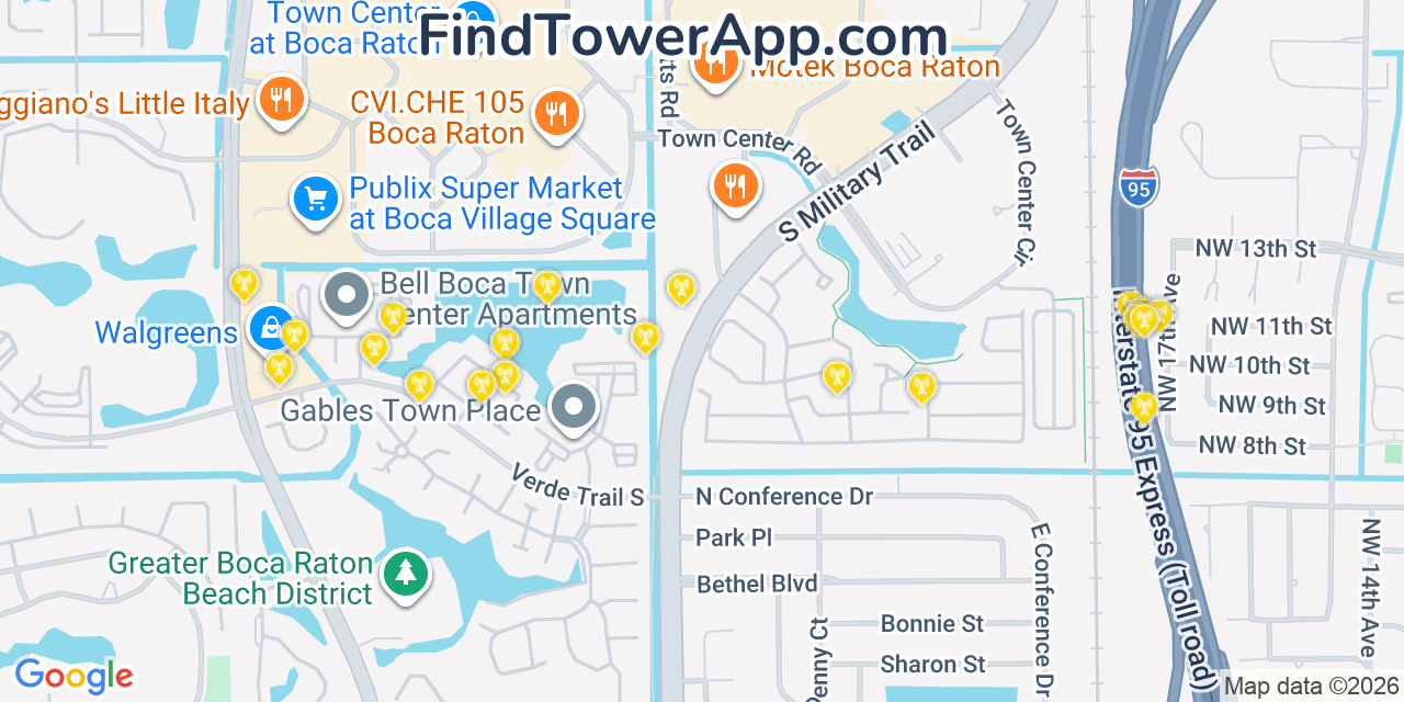Map showing the 20 primary cell tower locations detected in Boca Raton, Florida from AT&T, Verizon, and T-Mobile networks
