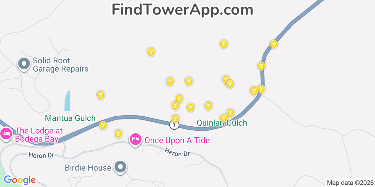 Map showing the 20 primary cell tower locations detected in Bodega Bay, California from AT&T, Verizon, and T-Mobile networks