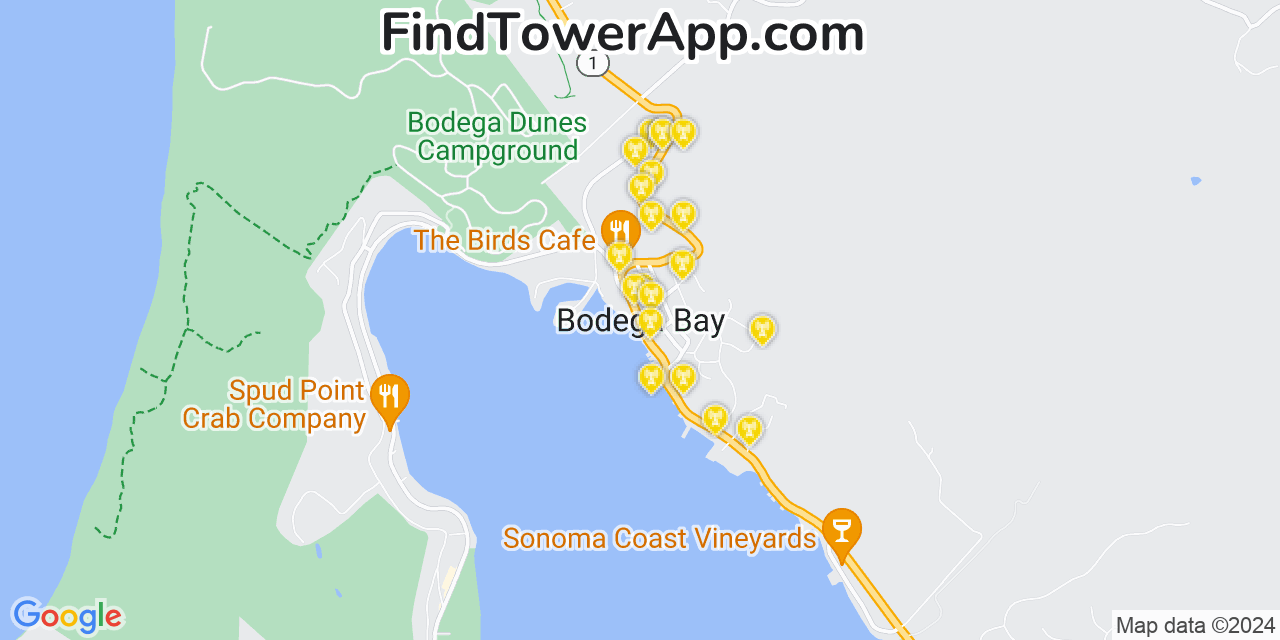 Verizon 4G/5G cell tower coverage map Bodega Bay, California