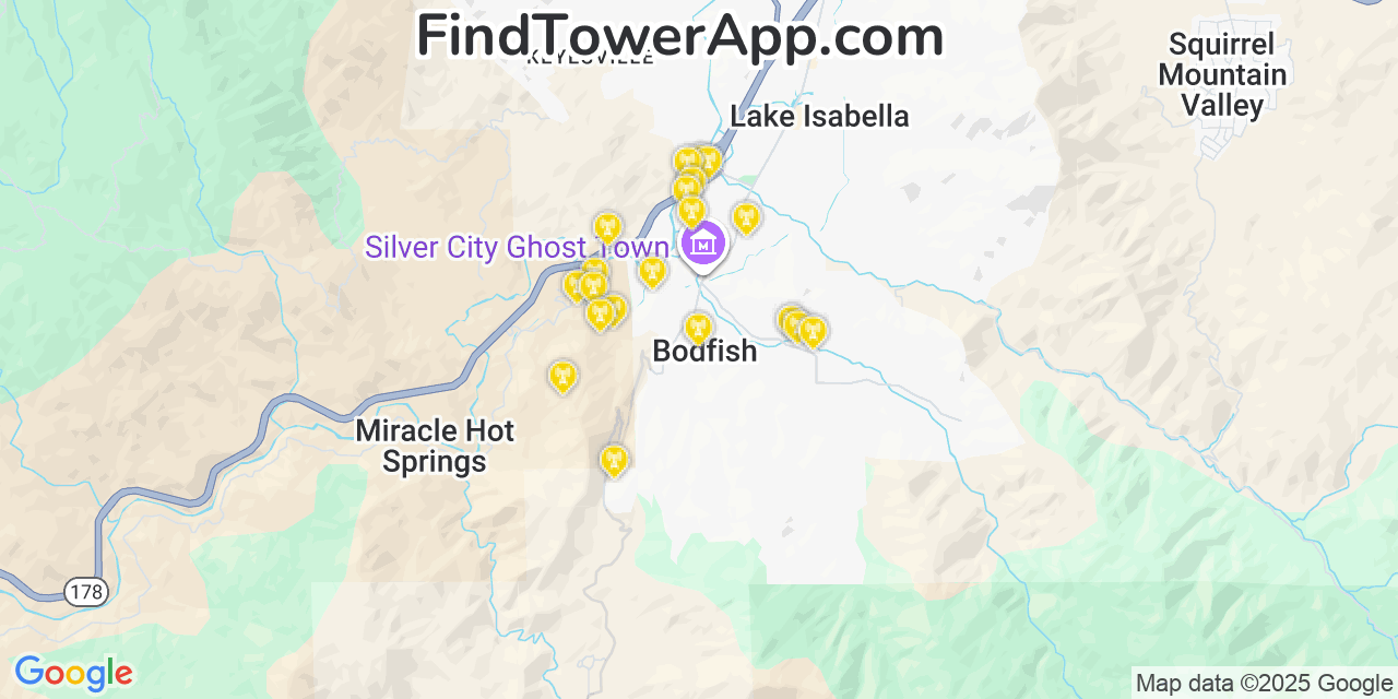 Map showing the 20 primary cell tower locations detected in Bodfish, California from AT&T, Verizon, and T-Mobile networks