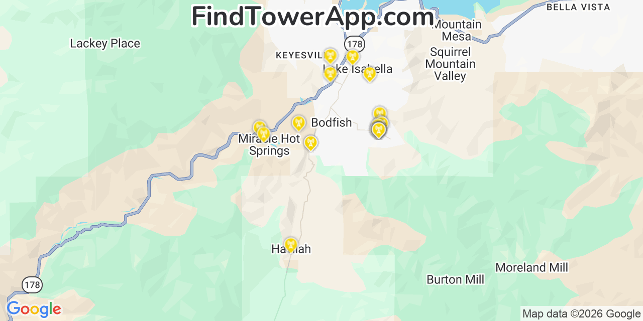 Map showing the 20 primary cell tower locations detected in Bodfish, California from AT&T, Verizon, and T-Mobile networks
