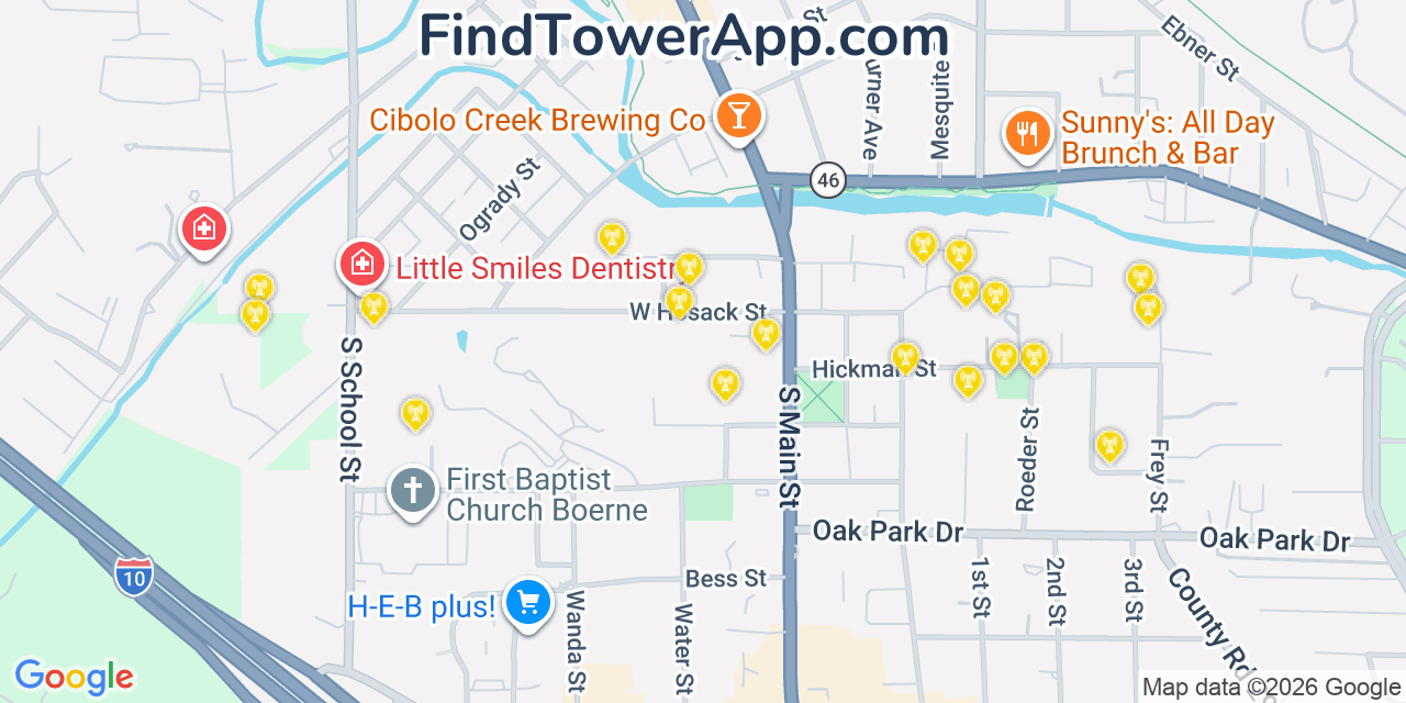 Map showing the 20 primary cell tower locations detected in Boerne, Texas from AT&T, Verizon, and T-Mobile networks