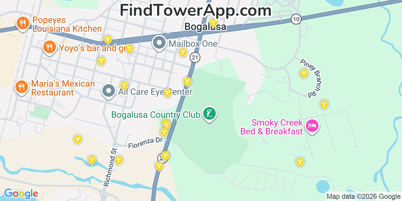 Map showing the 20 primary cell tower locations detected in Bogalusa, Louisiana from AT&T, Verizon, and T-Mobile networks