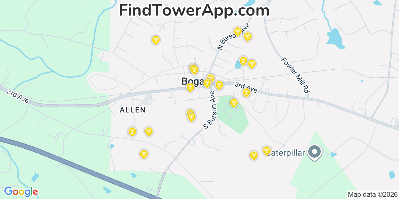 Map showing the 20 primary cell tower locations detected in Bogart, Georgia from AT&T, Verizon, and T-Mobile networks