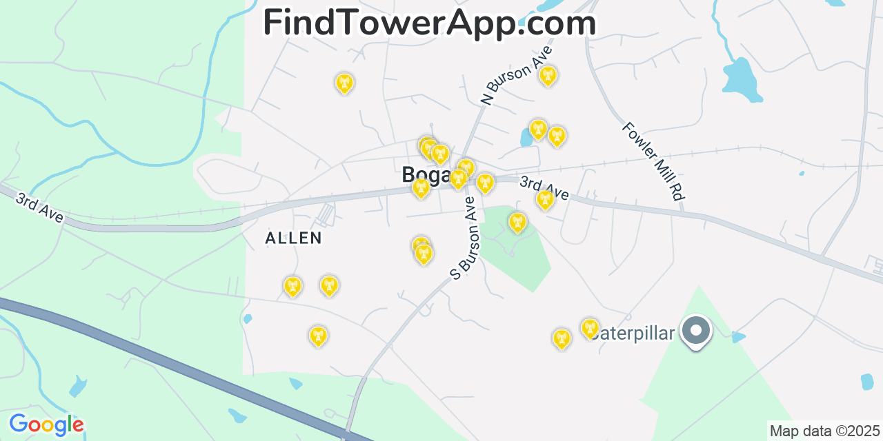 Map showing the 20 primary Mobitel cell tower locations detected in Bogart, Georgia with coverage radius and signal strength indicators