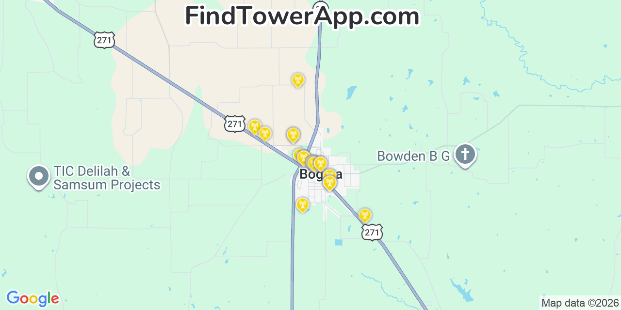 Map showing the 20 primary cell tower locations detected in Bogata, Texas from AT&T, Verizon, and T-Mobile networks
