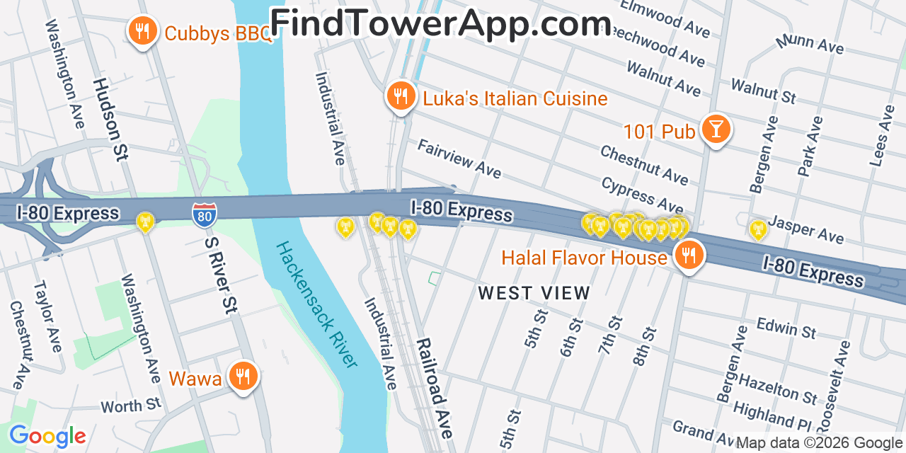 Map showing the 20 primary cell tower locations detected in Bogota, New Jersey from AT&T, Verizon, and T-Mobile networks