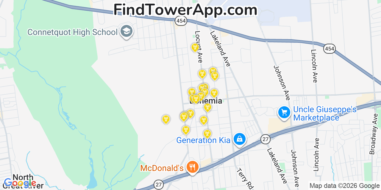 Map showing the 20 primary cell tower locations detected in Bohemia, New York from AT&T, Verizon, and T-Mobile networks
