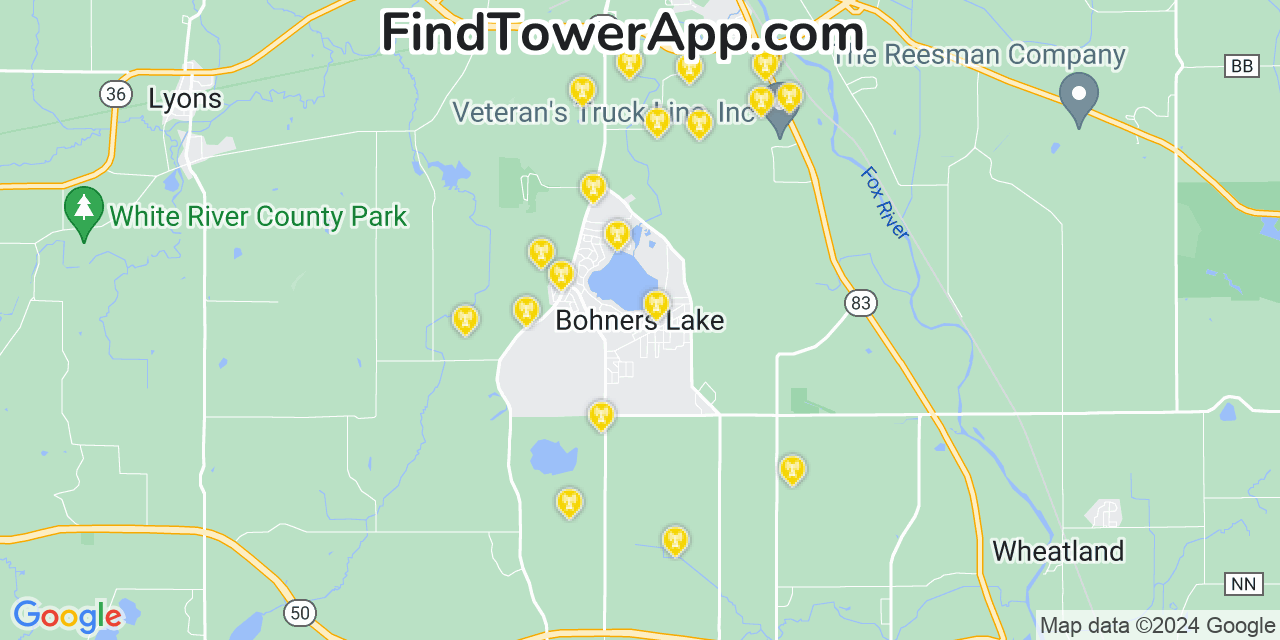 AT&T 4G/5G cell tower coverage map Bohners Lake, Wisconsin