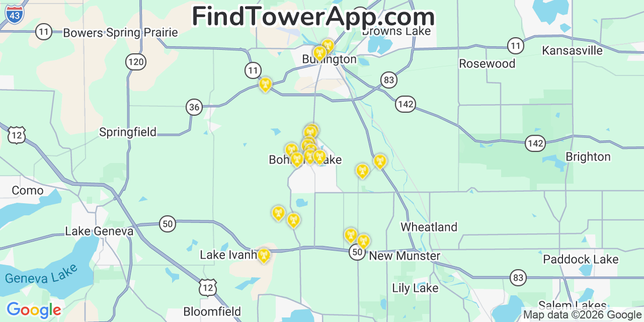 Map showing the 20 primary cell tower locations detected in Bohners Lake, Wisconsin from AT&T, Verizon, and T-Mobile networks