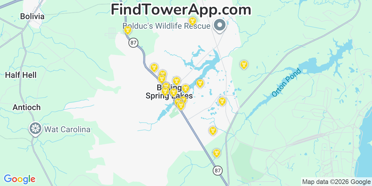 Map showing the 20 primary cell tower locations detected in Boiling Spring Lakes, North Carolina from AT&T, Verizon, and T-Mobile networks