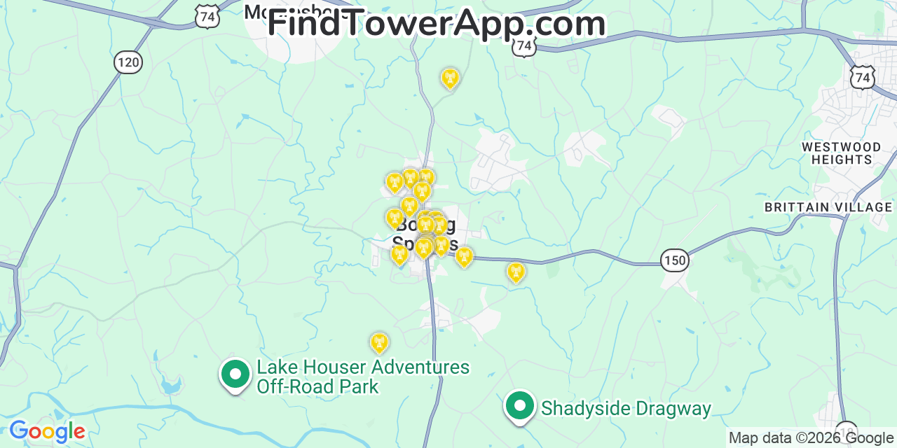 Map showing the 20 primary cell tower locations detected in Boiling Springs, North Carolina from AT&T, Verizon, and T-Mobile networks