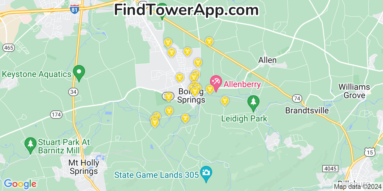 AT&T 4G/5G cell tower coverage map Boiling Springs, Pennsylvania