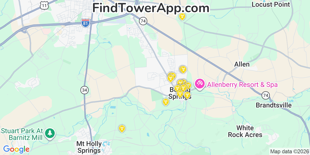 Map showing the 20 primary cell tower locations detected in Boiling Springs, Pennsylvania from AT&T, Verizon, and T-Mobile networks