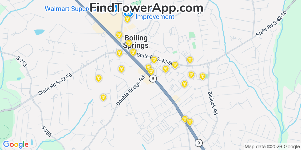 Map showing the 20 primary cell tower locations detected in Boiling Springs, South Carolina from AT&T, Verizon, and T-Mobile networks