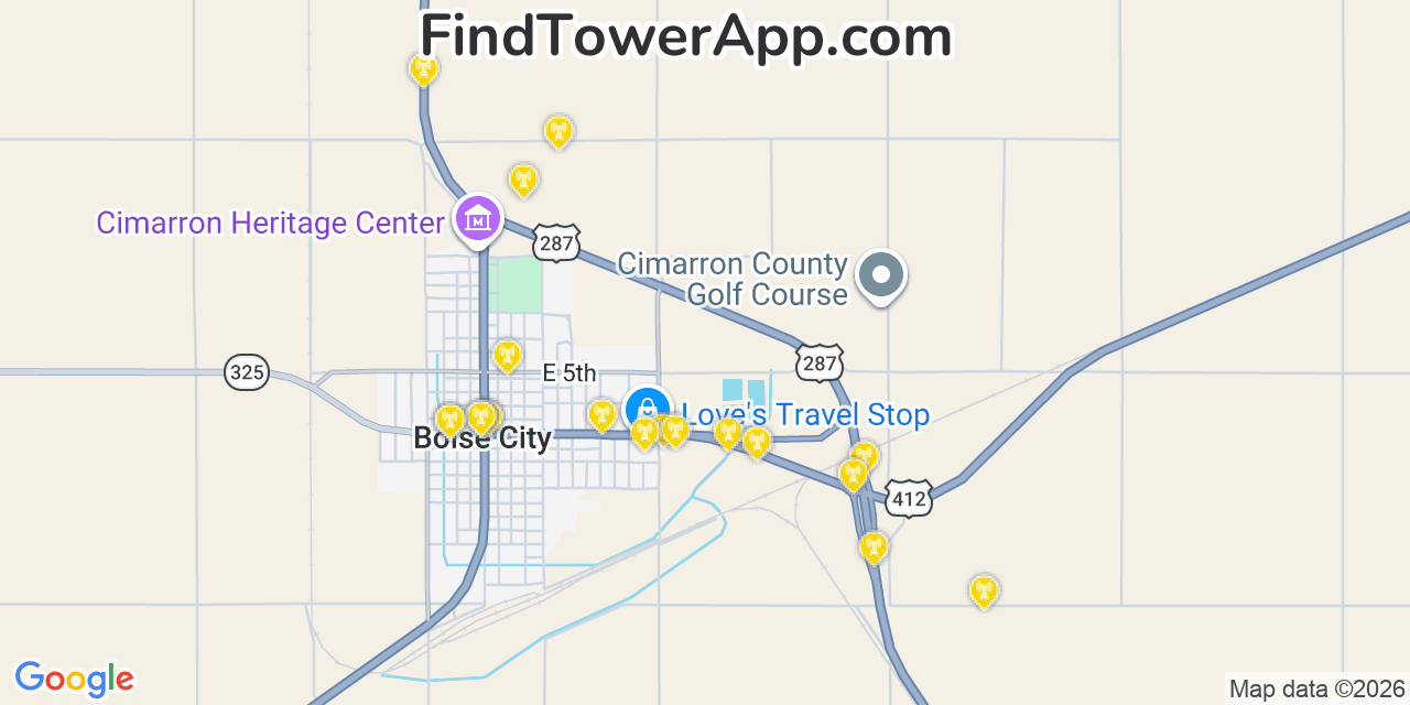 Map showing the 20 primary cell tower locations detected in Boise City, Oklahoma from AT&T, Verizon, and T-Mobile networks