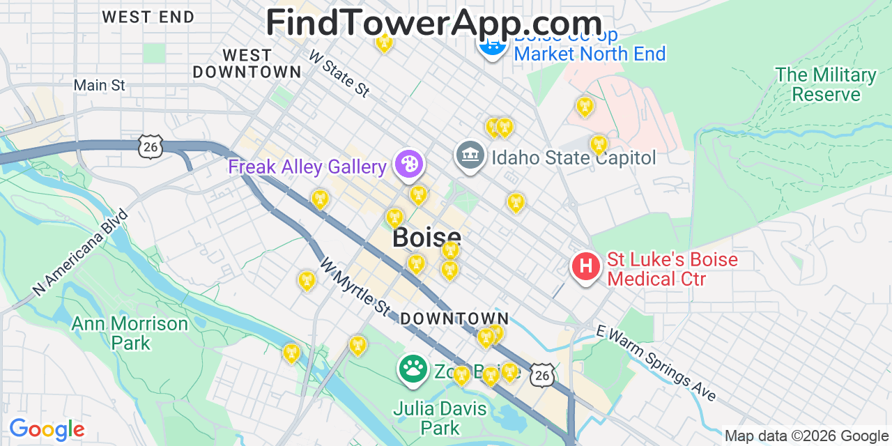 Map showing the 20 primary cell tower locations detected in Boise, Idaho from AT&T, Verizon, and T-Mobile networks