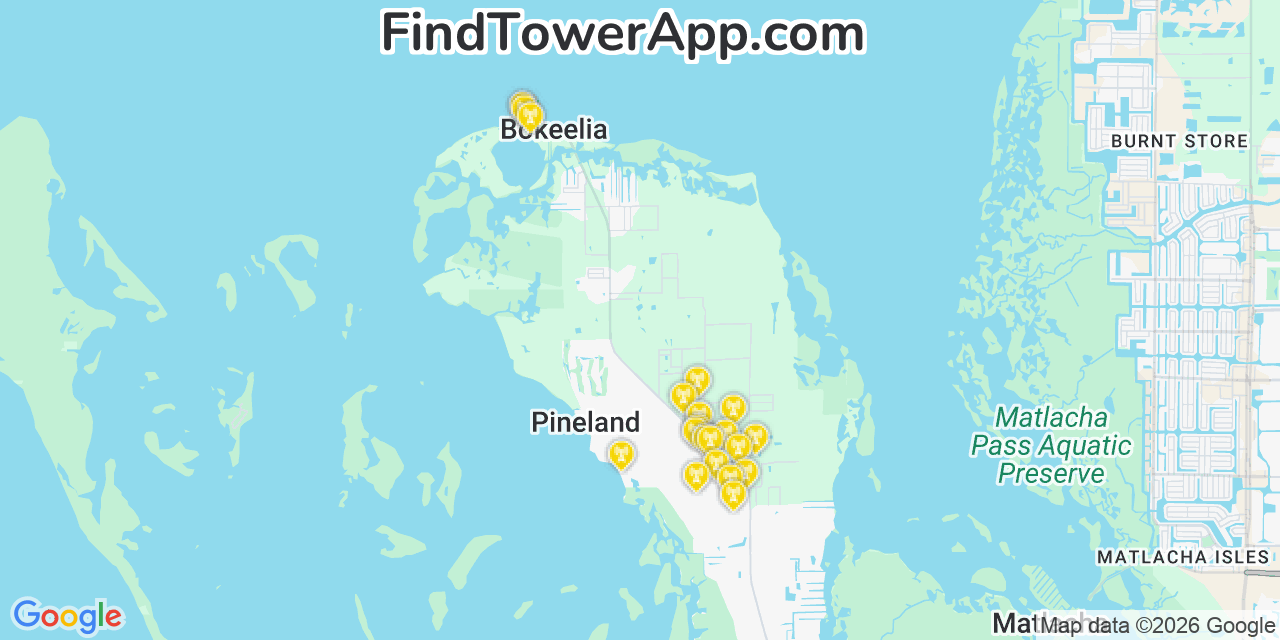 Map showing the 20 primary cell tower locations detected in Bokeelia, Florida from AT&T, Verizon, and T-Mobile networks