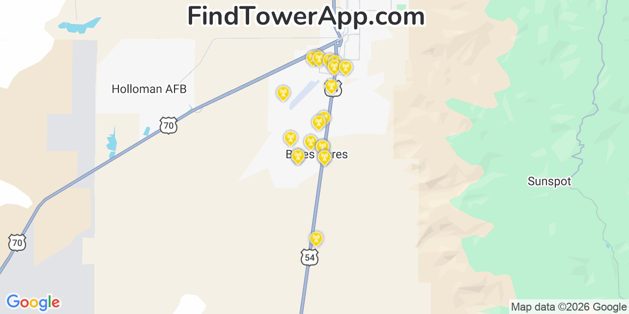 Map showing the 20 primary cell tower locations detected in Boles Acres, New Mexico from AT&T, Verizon, and T-Mobile networks