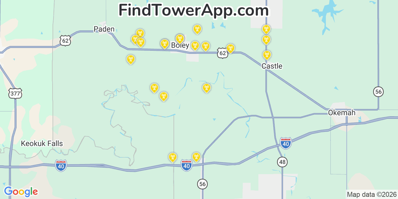 Map showing the 20 primary cell tower locations detected in Boley, Oklahoma from AT&T, Verizon, and T-Mobile networks