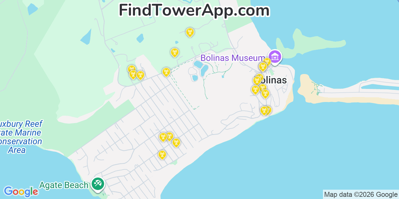 Map showing the 20 primary cell tower locations detected in Bolinas, California from AT&T, Verizon, and T-Mobile networks
