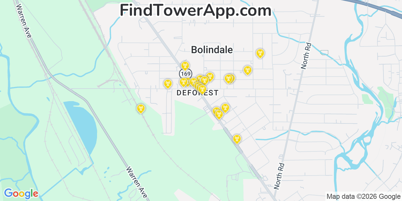 Map showing the 20 primary cell tower locations detected in Bolindale, Ohio from AT&T, Verizon, and T-Mobile networks