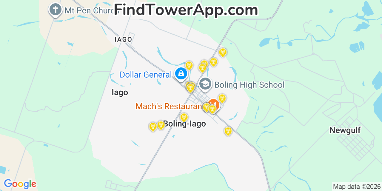 Map showing the 20 primary cell tower locations detected in Boling, Texas from AT&T, Verizon, and T-Mobile networks