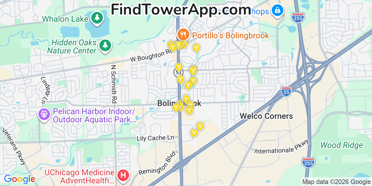 Map showing the 20 primary cell tower locations detected in Bolingbrook, Illinois from AT&T, Verizon, and T-Mobile networks