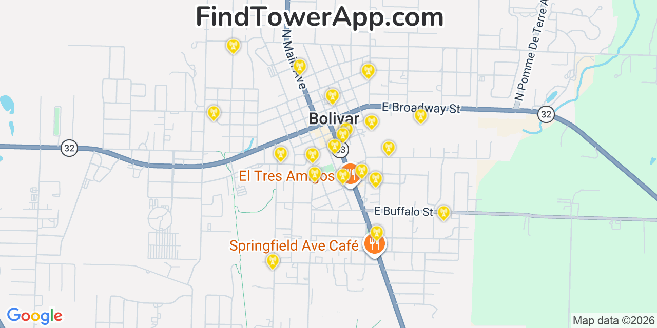 Map showing the 20 primary cell tower locations detected in Bolivar, Missouri from AT&T, Verizon, and T-Mobile networks
