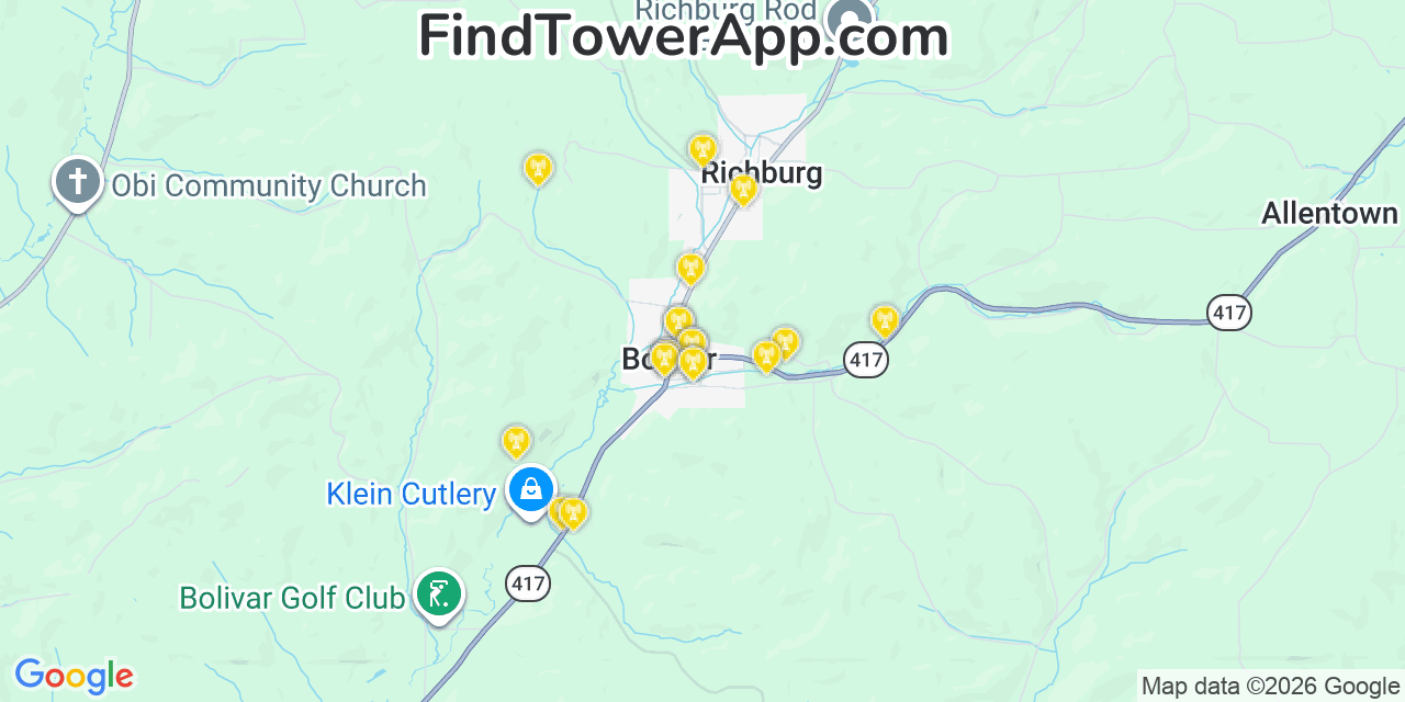 Map showing the 20 primary cell tower locations detected in Bolivar, New York from AT&T, Verizon, and T-Mobile networks