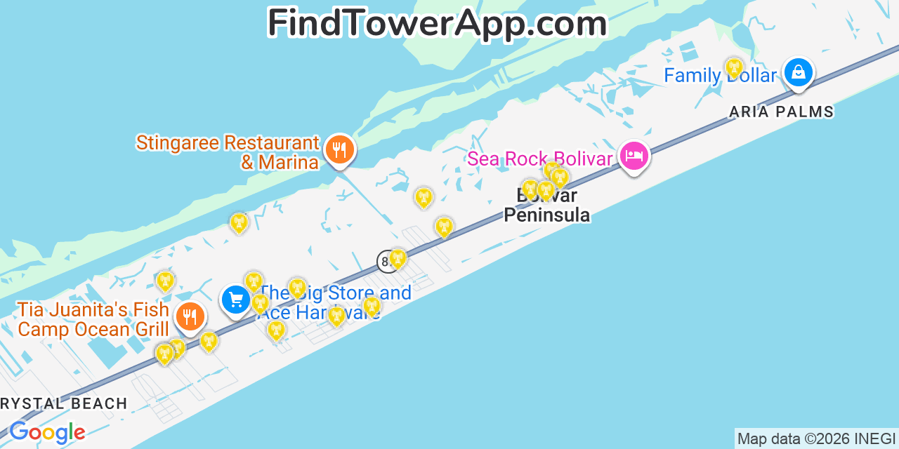 Map showing the 20 primary cell tower locations detected in Bolivar Peninsula, Texas from AT&T, Verizon, and T-Mobile networks
