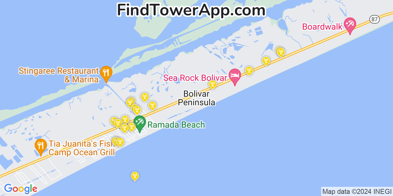 Verizon 4G/5G cell tower coverage map Bolivar Peninsula, Texas