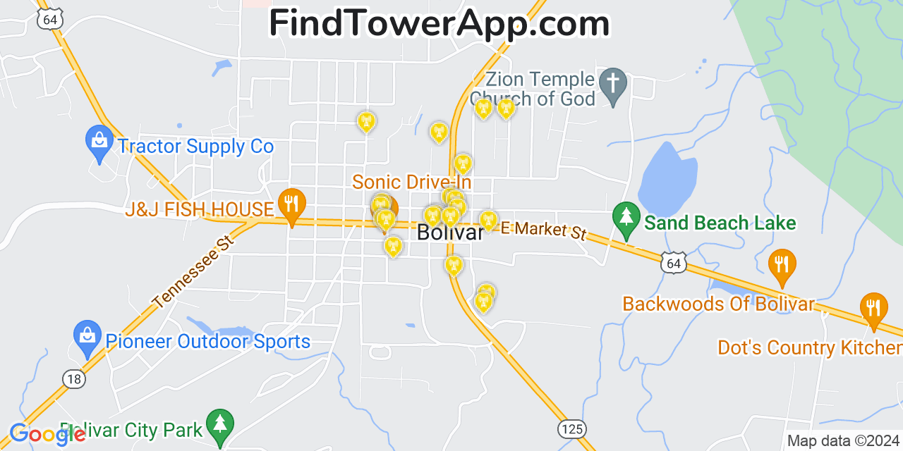 AT&T 4G/5G cell tower coverage map Bolivar, Tennessee