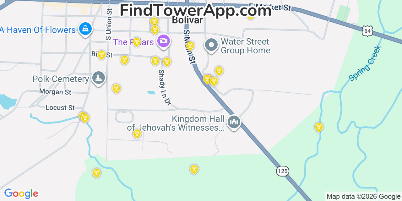 Map showing the 20 primary cell tower locations detected in Bolivar, Tennessee from AT&T, Verizon, and T-Mobile networks
