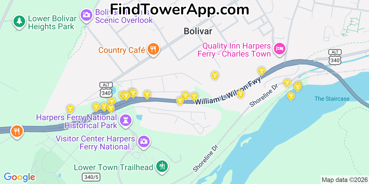 Map showing the 20 primary cell tower locations detected in Bolivar, West Virginia from AT&T, Verizon, and T-Mobile networks
