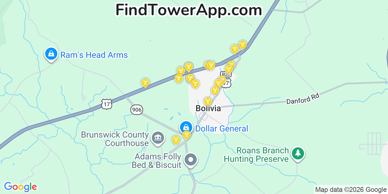 Map showing the 20 primary cell tower locations detected in Bolivia, North Carolina from AT&T, Verizon, and T-Mobile networks