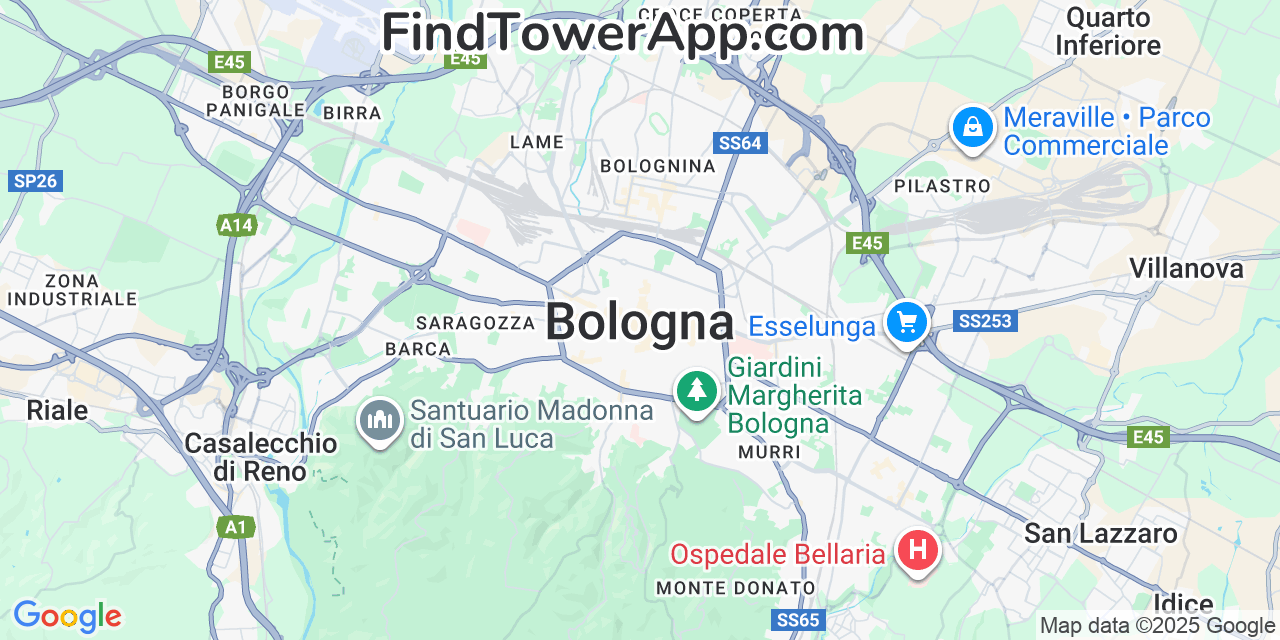 Map showing the 0 primary TIM cell tower locations detected in Bologna, Italy with coverage radius and signal strength indicators