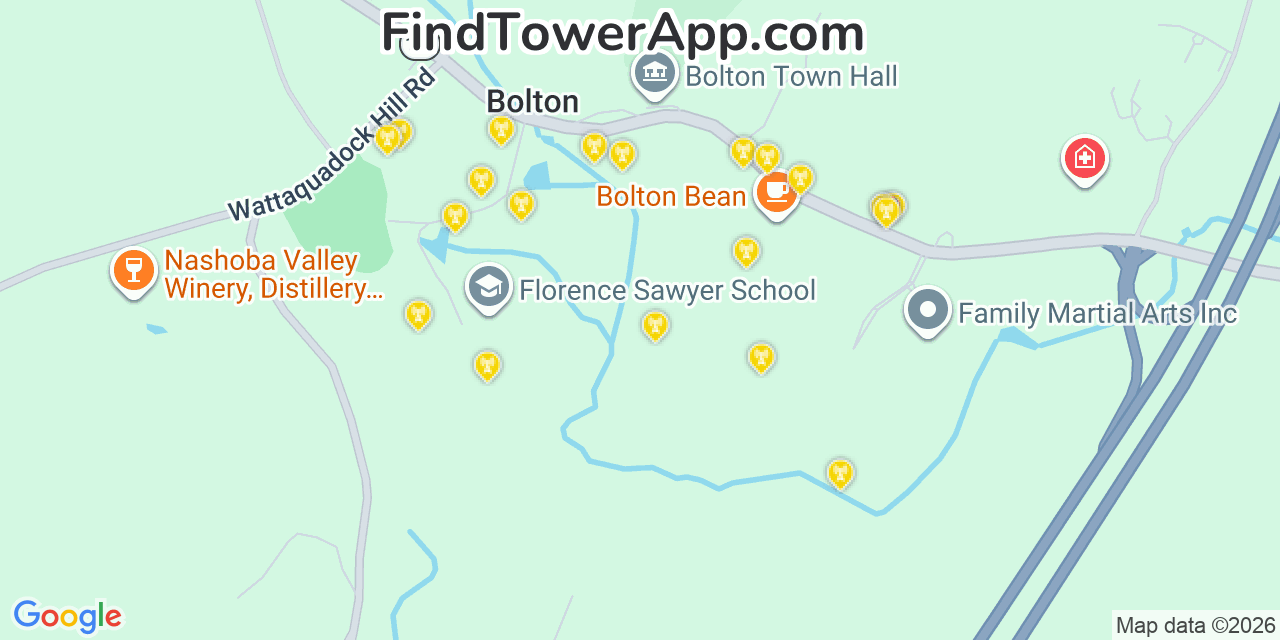 Map showing the 20 primary cell tower locations detected in Bolton, Massachusetts from AT&T, Verizon, and T-Mobile networks