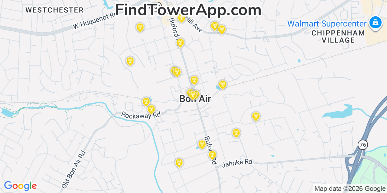 Map showing the 20 primary cell tower locations detected in Bon Air, Virginia from AT&T, Verizon, and T-Mobile networks